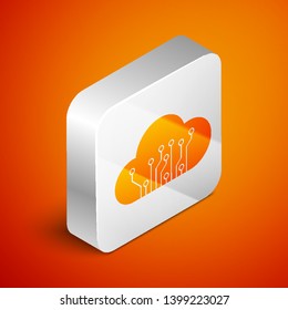 Isometric Internet of things icon isolated on orange background. Cloud computing design concept. Digital network connection. Silver square button. Vector Illustration