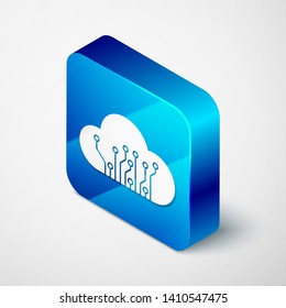 Isometric Internet of things icon isolated on white background. Cloud computing design concept. Digital network connection. Blue square button. Vector Illustration