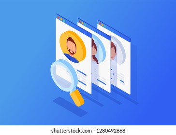 Isometric interview with the candidate, Job recruitment, Job opportunity. Searching professional staff, work, analyzing resume, documents papers