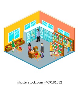 Isometric intireor of grocery store. Shopping mall flat 3d  isometric  concept web vector illustration.