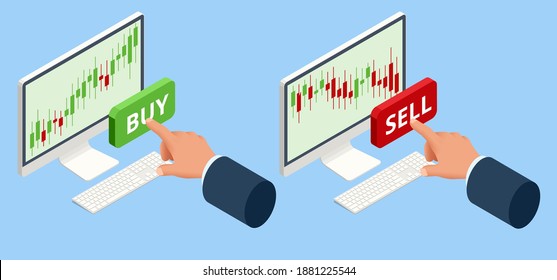 Isometric Investing and Stock Market Gain and Profits with Red and Green Candlestick Charts. Stock Exchange Market Graph, Analysis UI, UX on Laptop. Binary Option. App Screen for Trading