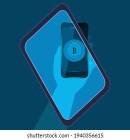 Isometric investment - abstract composition, hand holds smartphone, tablet, bitcoin - vector. Internet payments concept. Cryptocurrency payments.