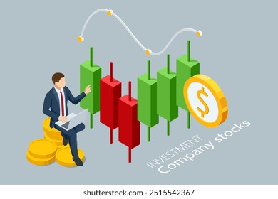 Stocks de sociedades de investimento isométricas. Gráficos e gráficos. Investimentos em ações de empresas. Investimento monetário e lucro. Sucesso nos negócios e investimentos. Transações financeiras e de ações.