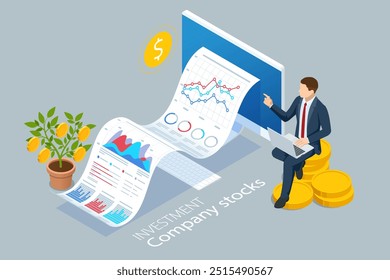 Stocks de sociedades de investimento isométricas. Investimentos em ações de empresas. Ações, bolsa de valores, objetivo financeiro, ações, investimento. Sucesso nos negócios e investimentos. Negociação financeira e de ações