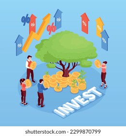 Isometric investment composition with colorful upward arrows and money tree with coins human characters and text vector illustration