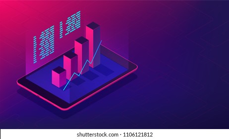 Isometric investment and financial advisory 3d isometric illustration. Tablet with 3d charts graphics of investment statistics in violet color. Financial advisory concept. Ultraviolet background