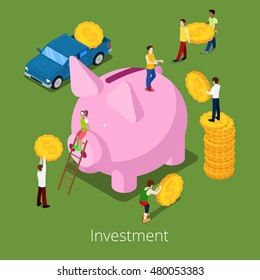 Isometric Investment Financial Process. Flat 3d Money Savings with Piggy Box. Vector illustration