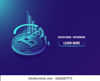 isometric investment into cryptocurrency, analysis and statistics, bitcoin schedule and chart vector illustration