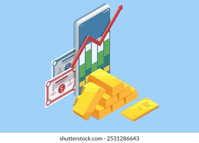 Investimento isométrico Metais preciosos ouro ou prata. Barras douradas. Investir no setor bancário. Aumento no custo de metais preciosos. Investimentos em títulos dourados. Comprando o aurum ETF