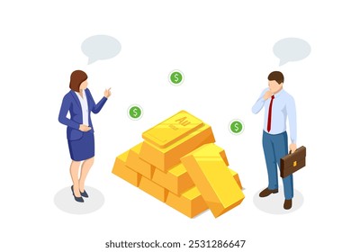 Investimento isométrico Metais preciosos ouro ou prata. Barras douradas. Investir no setor bancário. Aumento no custo de metais preciosos. Investimentos em títulos dourados. Comprando o aurum ETF