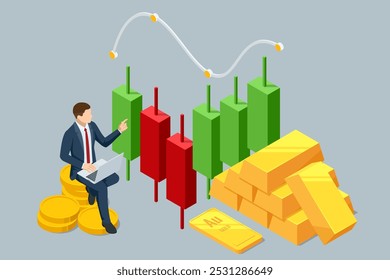 Investimento isométrico Metais preciosos ouro ou prata. Barras douradas. Investir no setor bancário. Aumento no custo de metais preciosos. Investimentos em títulos dourados. Comprando o aurum ETF