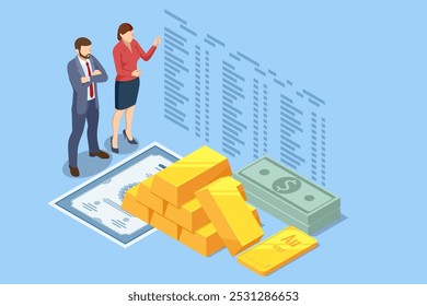 Isometric Investment Precious metals gold or silver. Golden bars. Investing Banking business. Increase in cost of precious metals. Investments in golden securities. Buying aurum ETF