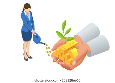 Investimento isométrico Metais preciosos ouro ou prata. Barras douradas. Investir no setor bancário. Aumento no custo de metais preciosos. Investimentos em títulos dourados. Comprando o aurum ETF