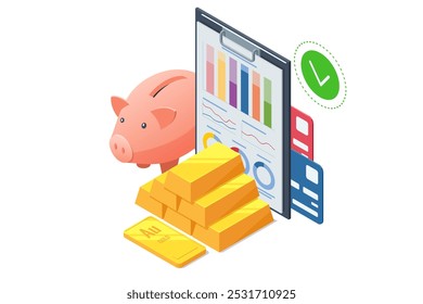 Isometric Investment Precious metals Gold. Golden bars. Investing Banking business. Increase in cost of precious metals. Investments in golden securities. Buying aurum ETF