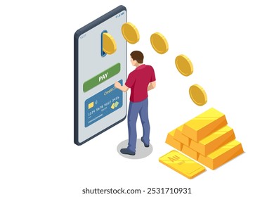 Investimento isométrico metais preciosos Ouro. Barras douradas. Investir no setor bancário. Aumento no custo de metais preciosos. Investimentos em títulos dourados. Comprando o aurum ETF