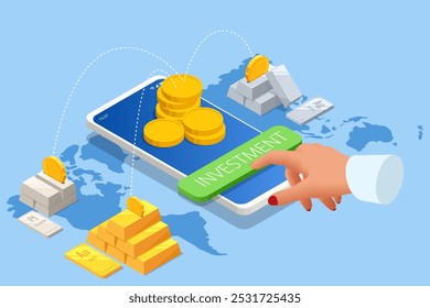 Investimento isométrico Metais preciosos Ouro, Platina ou Prata. Barras douradas. Investir no setor bancário. Aumento no custo de metais preciosos. Investimentos em títulos dourados. Comprando o aurum ETF