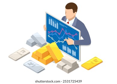 Investimento isométrico Metais preciosos Ouro, Platina ou Prata. Barras douradas. Investir no setor bancário. Aumento no custo de metais preciosos. Investimentos em títulos dourados. Comprando o aurum ETF