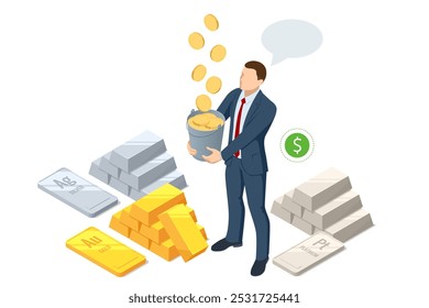 Investimento isométrico Metais preciosos Ouro, Platina ou Prata. Barras douradas. Investir no setor bancário. Aumento no custo de metais preciosos. Investimentos em títulos dourados. Comprando o aurum ETF