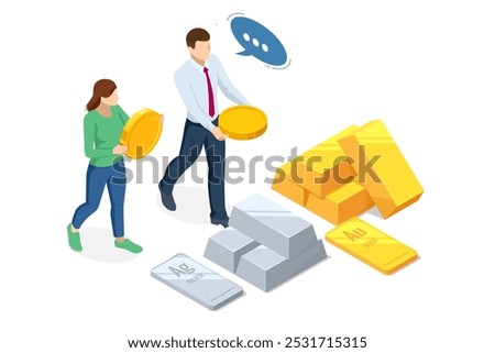 Isometric Investment Precious metals gold or silver. Golden, silver bars. Investing Banking business. Increase in cost of precious metals. Investments in golden securities. Buying aurum ETF