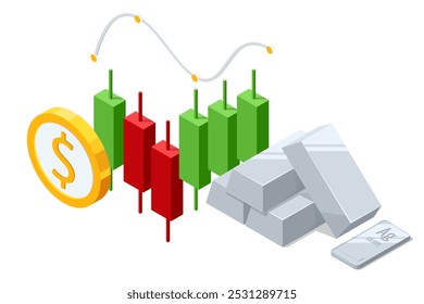 Investimento isométrico metais preciosos Prata. Barras de prata. Investir no setor bancário. Aumento no custo de metais preciosos. Investimentos em títulos dourados. Comprando o aurum ETF