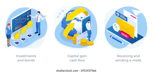 Isometric Investments and bonds, Capital gain cash flow, Receiving and sending e-mails. Business opportunity, financial adviser, startup launch, franchising, business venture, startUp, investment