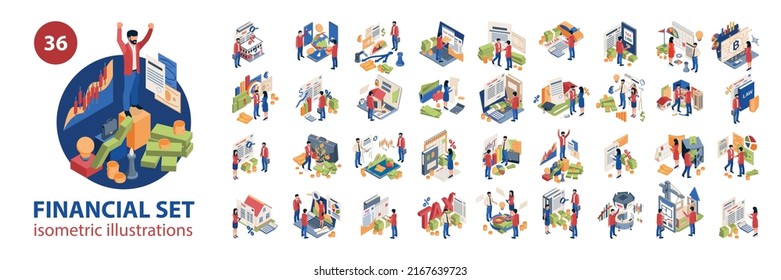 Isometric investments taxes finance set with isolated icons compositions of human characters stocks market and money vector illustration