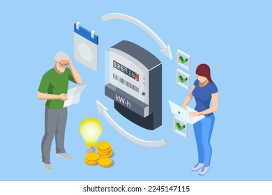 Isometric invoice and electricity meter. Utility bills payment. Electricity consumption expenses. People paying utility, and electricity bills online