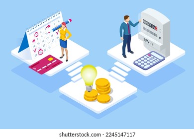 Isometric invoice and electricity meter. Utility bills payment. Electricity consumption expenses. People paying utility, and electricity bills online