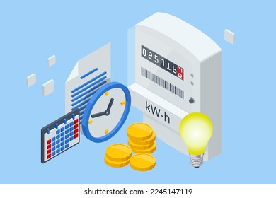 Isometric invoice and electricity meter. Utility bills payment. Electricity consumption expenses. People paying utility, and electricity bills online