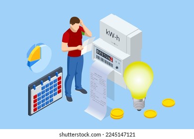 Isometric invoice and electricity meter. Utility bills payment. Electricity consumption expenses. Man paying utility, and electricity bills online