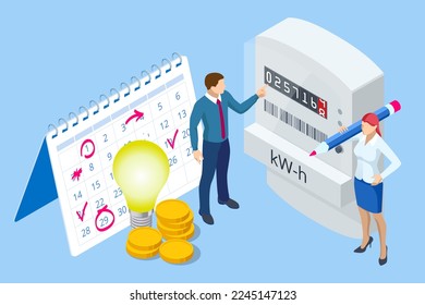 Isometric invoice and electricity meter. Utility bills payment. Electricity consumption expenses. Man paying utility, and electricity bills online