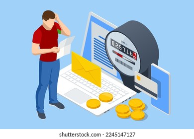 Isometric invoice and electricity meter. Utility bills payment. Electricity consumption expenses. Man paying utility, and electricity bills online