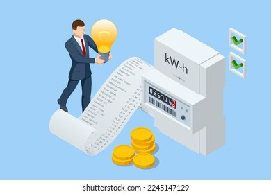 Isometric invoice and electricity meter. Utility bills payment. Electricity consumption expenses. Man paying utility, and electricity bills online