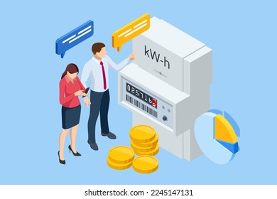 Isometric invoice and electricity meter. Utility bills payment. Electricity consumption expenses. People paying utility, and electricity bills online