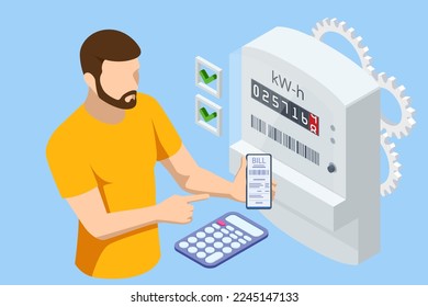 Isometric invoice and electricity meter. Utility bills payment. Electricity consumption expenses. Man paying utility, and electricity bills online