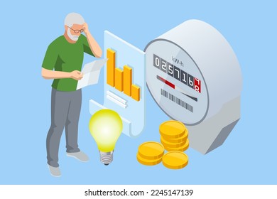 Isometric invoice and electricity meter. Utility bills payment. Electricity consumption expenses. Man paying utility, and electricity bills online