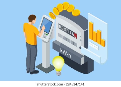 Isometric invoice and electricity meter. Utility bills payment. Electricity consumption expenses. Man paying utility, and electricity bills online