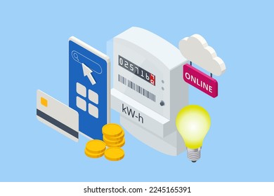 Isometric invoice and electricity meter. Utility bills payment. Electricity consumption expenses. People paying utility, and electricity bills online