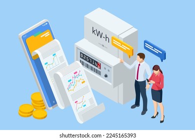 Isometric invoice and electricity meter. Utility bills payment. Electricity consumption expenses. People paying utility, and electricity bills online