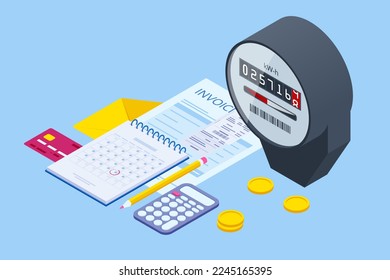 Isometric invoice and electricity meter. Utility bills payment. Electricity consumption expenses. People paying utility, and electricity bills online