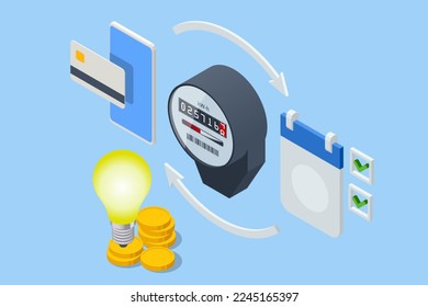 Isometric invoice and electricity meter. Utility bills payment. Electricity consumption expenses. People paying utility, and electricity bills online