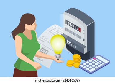 Isometric invoice and electricity meter. Utility bills payment. Electricity consumption expenses. People paying utility, and electricity bills online