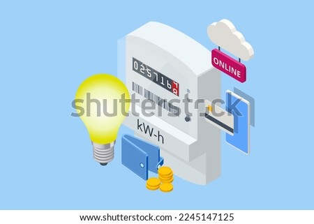 Isometric invoice and electricity meter. Utility bills payment. Electricity consumption expenses. People paying utility, and electricity bills online ストックフォト © 