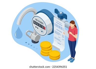 Factura isométrica, pago por agua fría y caliente. Facturación de utilidades y concepto de ahorro de recursos. Pago de facturas de servicios públicos. Personas pagando cuentas de servicios públicos y de electricidad en línea