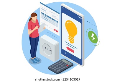 Isometric invoice, payment for electricity. Utility bills and saving resources concept. Electricity consumption expenses. People paying utility, and electricity bills online. Household utilities