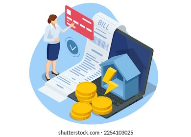 Isometric invoice, payment for electricity. Utility bills and saving resources concept. Electricity consumption expenses. People paying utility, and electricity bills online. Household utilities