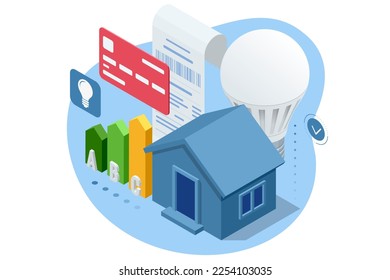 Isometric invoice, payment for electricity. Utility bills and saving resources concept. Electricity consumption expenses. People paying utility, and electricity bills online. Household utilities