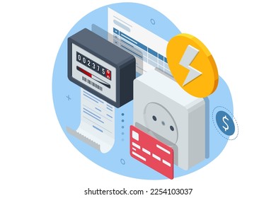 Isometric invoice, payment for electricity. Utility bills and saving resources concept. Utility bills payment. People paying utility, and electricity bills online