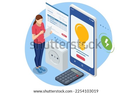Isometric invoice, payment for electricity. Utility bills and saving resources concept. Electricity consumption expenses. People paying utility, and electricity bills online. Household utilities