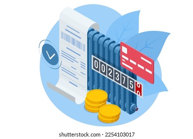 Isometric invoice, payment for heat energy. Utility bills and saving resources concept. Utility bills payment. Heat energy consumption expenses. Household utilities